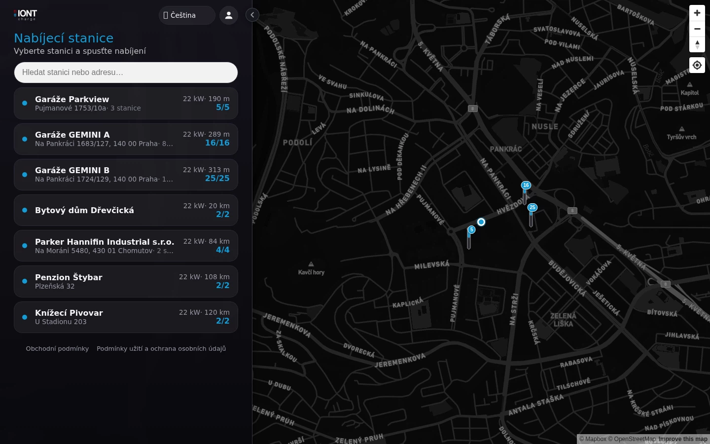 Mapa nabíjecích stanic nabij.to v Praze